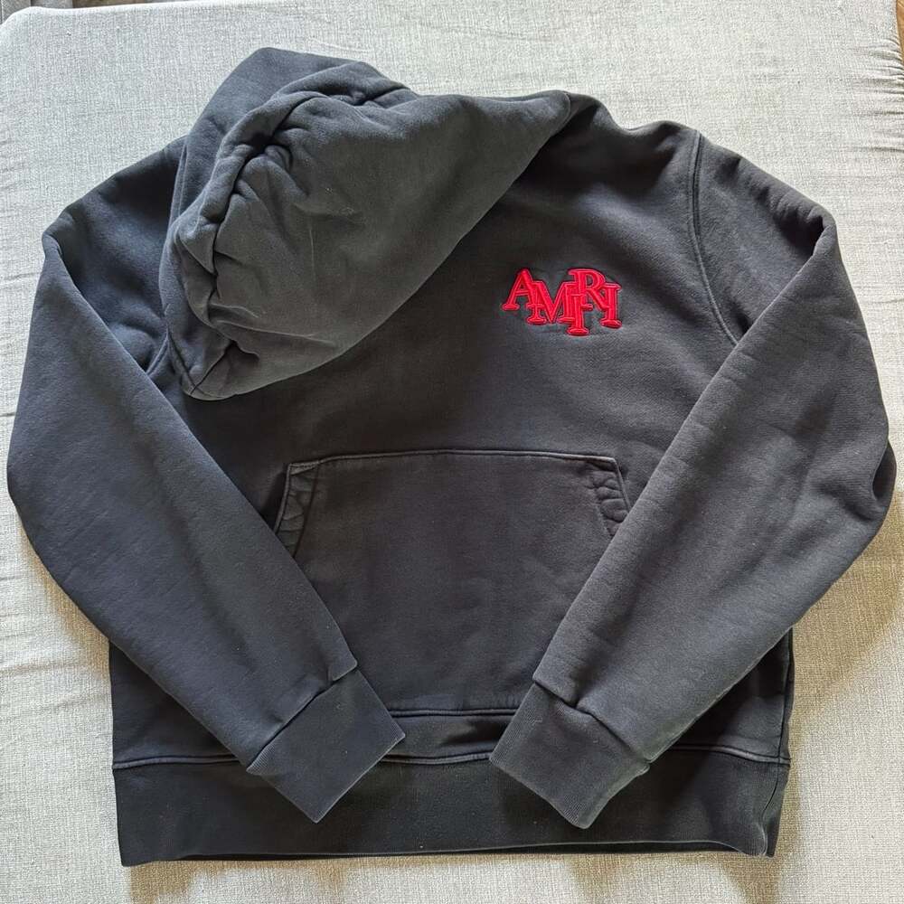 AMIRI Staggered Logo Hoodie Size S Black Red Embroidered Pullover